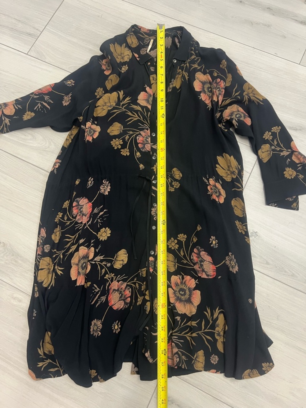 Free People Black Floral Drawstring Mini Dress Sz SP Boho Festival Romantic Goth - Picture 7 of 9